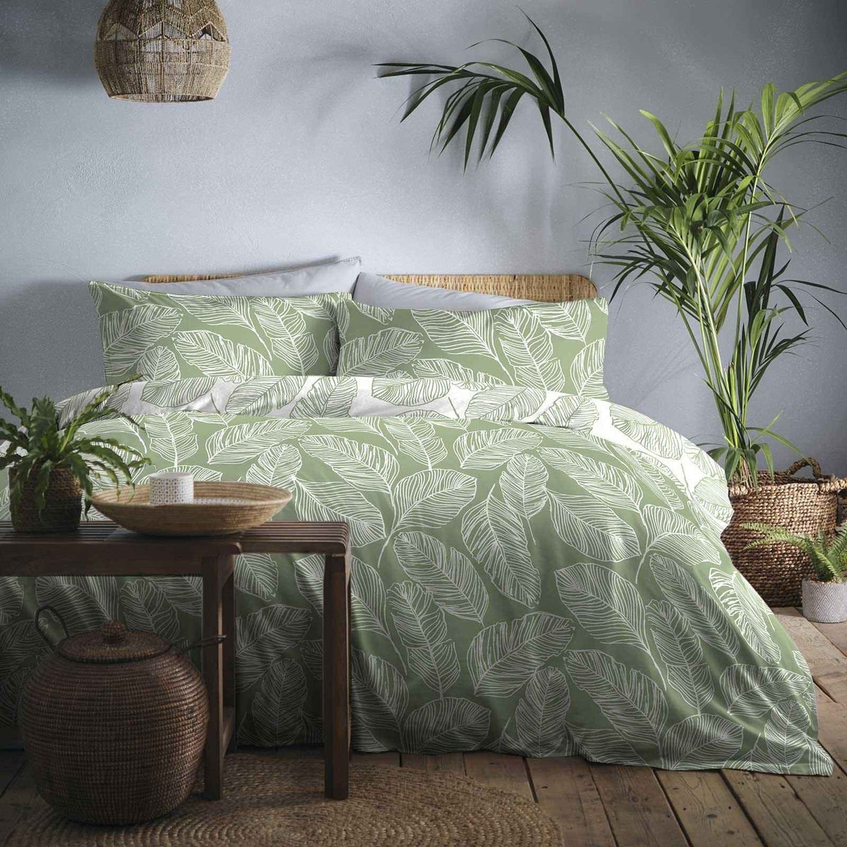 Matteo Palm Leaf Print Duvet Cover Set - Green - Williamsons Home
