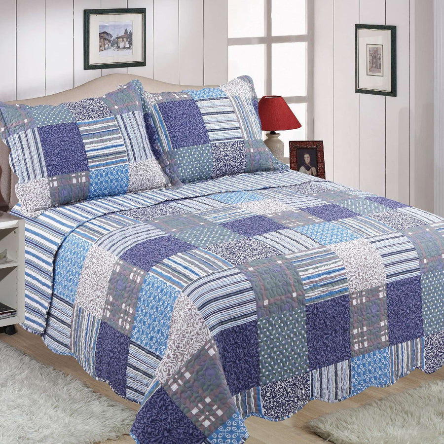 Check Quilted Bedspread Patchwork - Purple/Blue - Williamsons Factory Shop