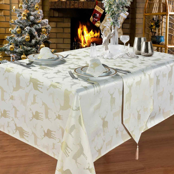 Stag Christmas Tablecloth - Gold - Williamsons Factory Shop