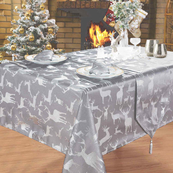 Stag Christmas Tablecloth - Grey - Williamsons Factory Shop